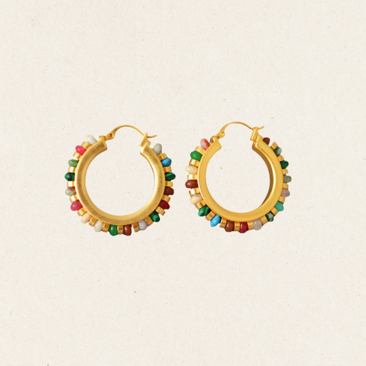 Beaded Rainbow Gemstone Medium Hoop Earrings