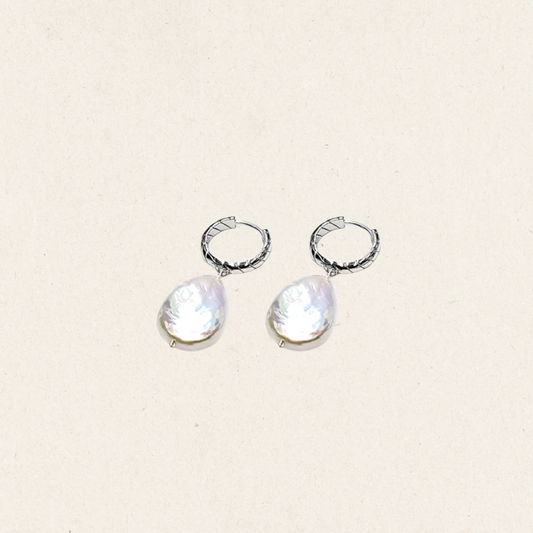 Pearl Charm Hoop Earrings in Silver