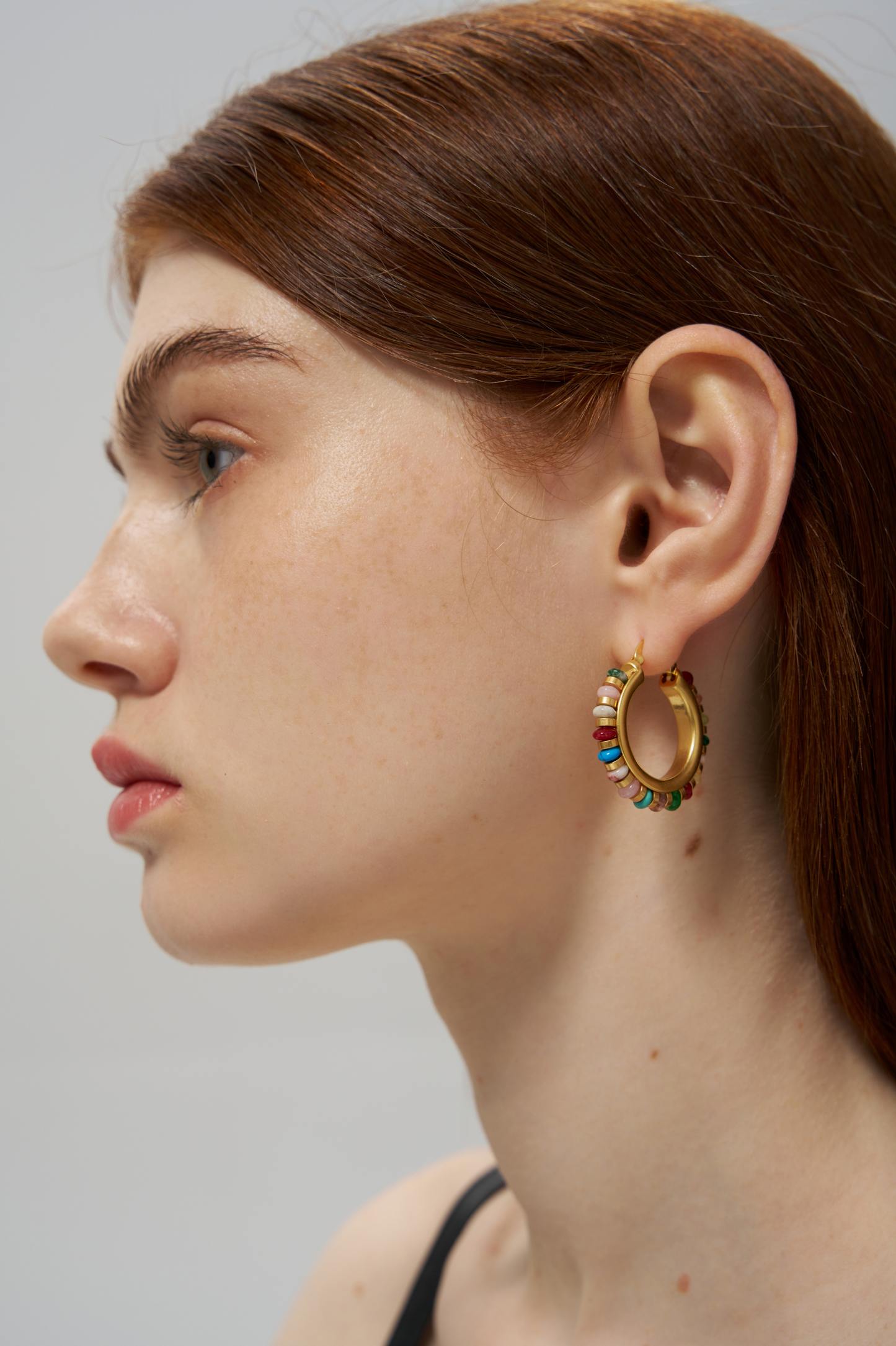 Beaded Rainbow Gemstone Medium Hoop Earrings