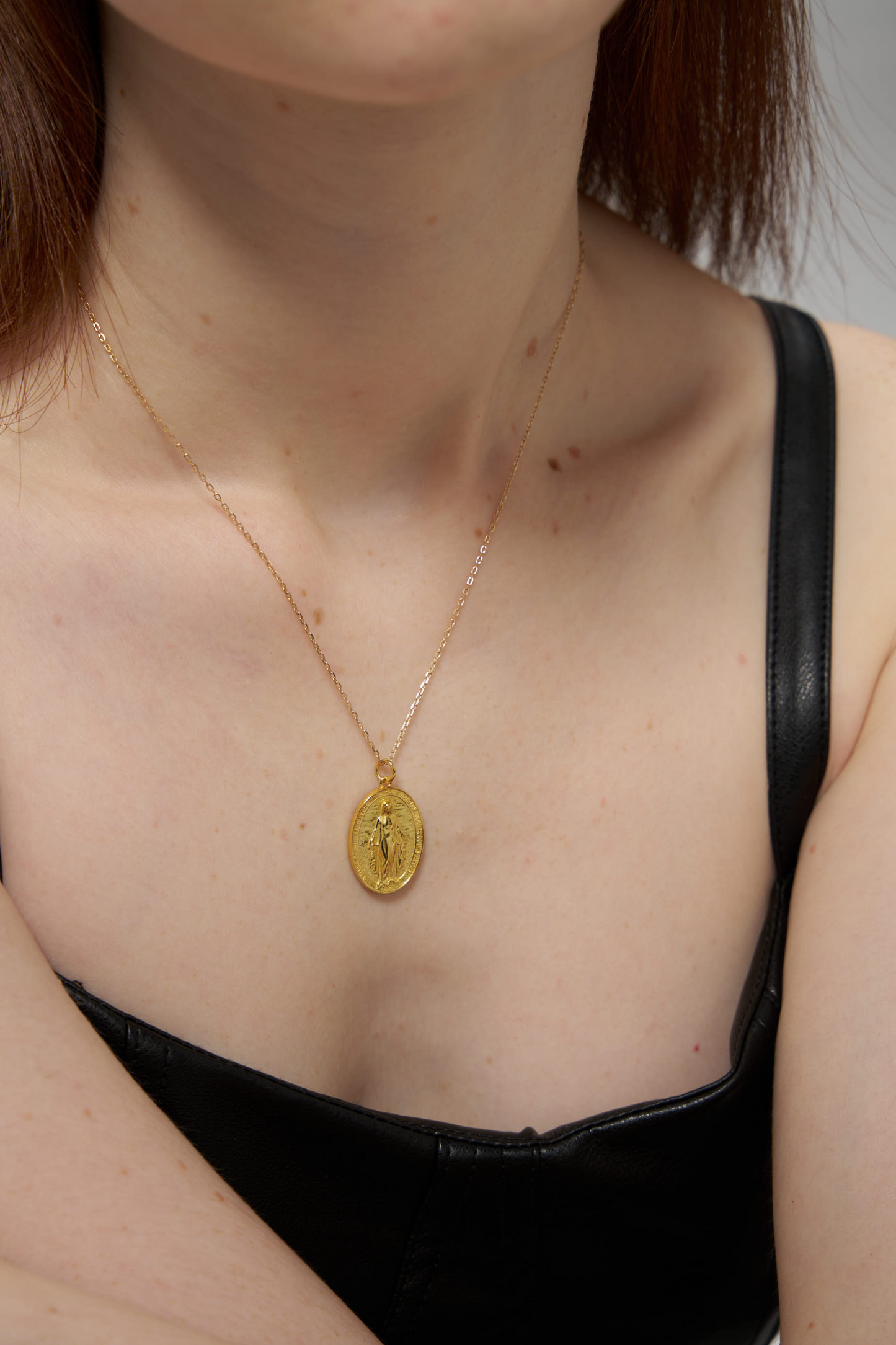 Gold Oval Virgin Mary Medal Necklace