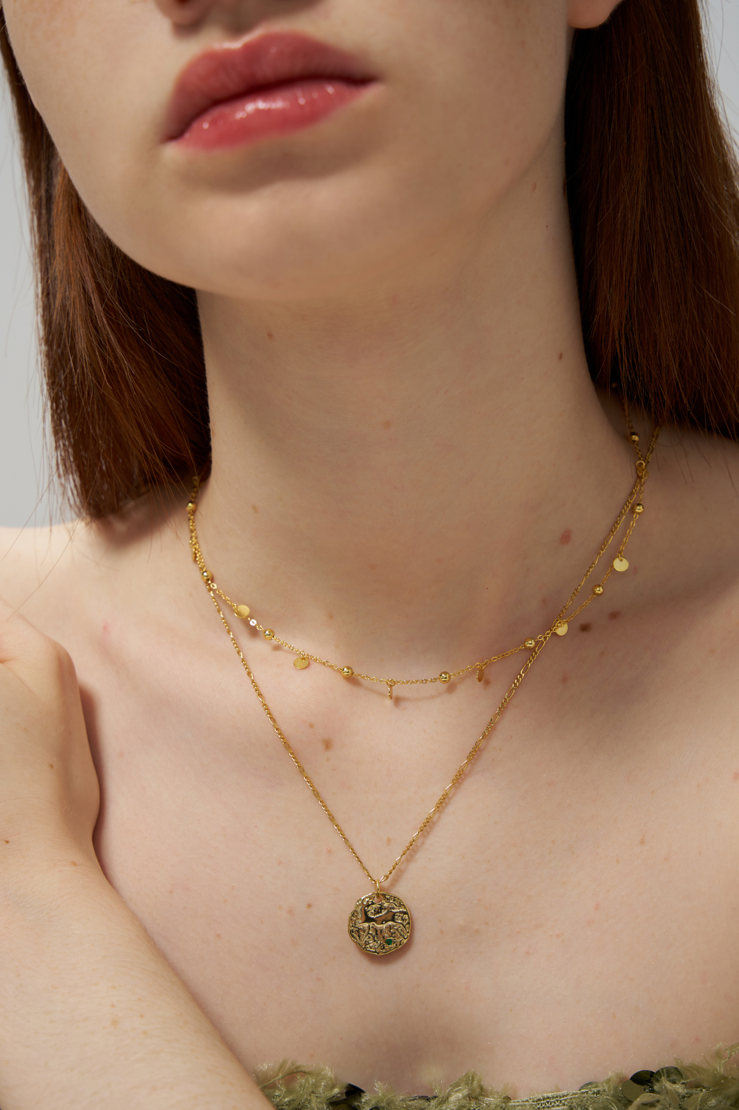 Mythical Embossed Green Diamond Gold Coin Necklace