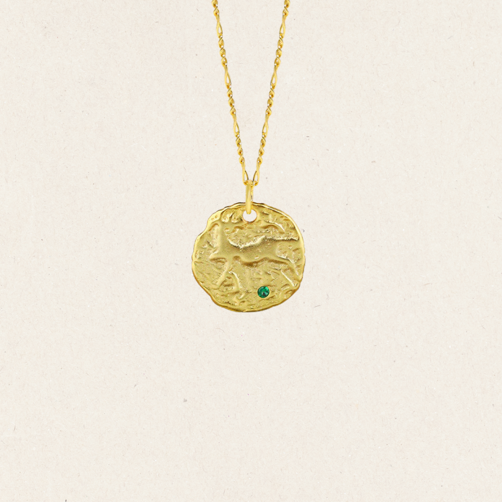 Mythical Embossed Green Diamond Gold Coin Necklace