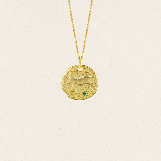 Mythical Embossed Green Diamond Gold Coin Necklace