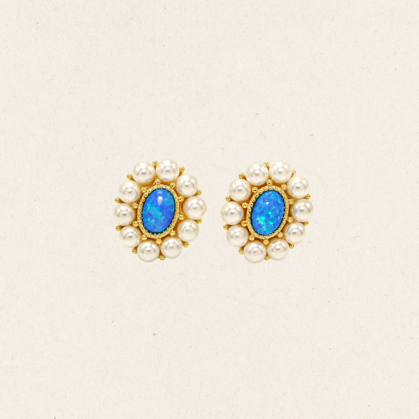 Blue Opal And Pearl Stud Earrings