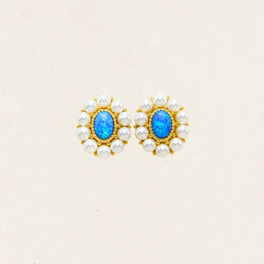 Blue Opal And Pearl Stud Earrings