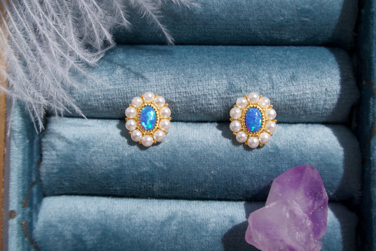 Blue Opal And Pearl Stud Earrings