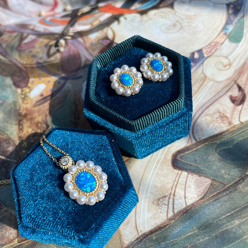 Blue Opal And Pearl Stud Earrings