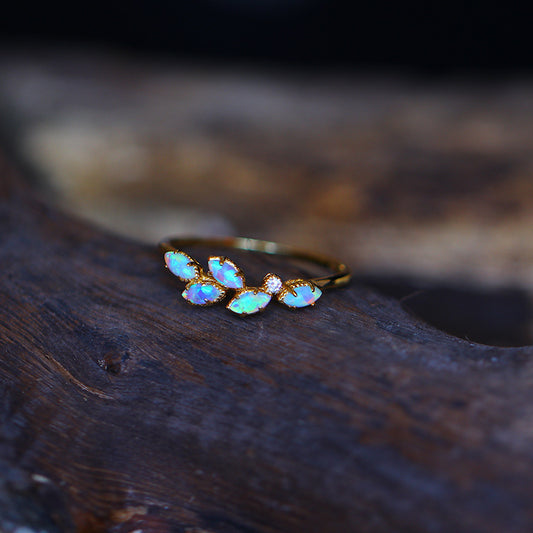 18K Gold Olive Opal Leaf Ring