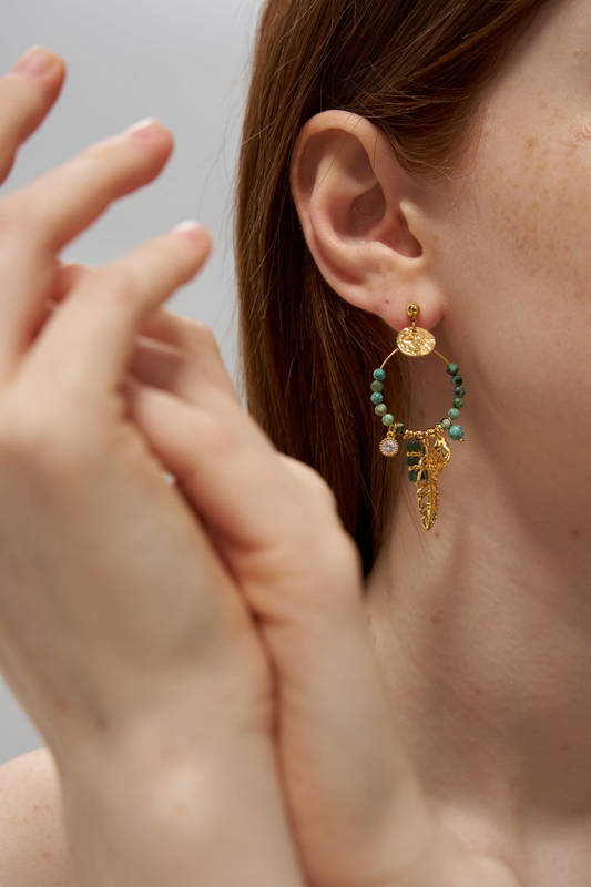 Gold Feather Beaded Gemstone Stud Earrings