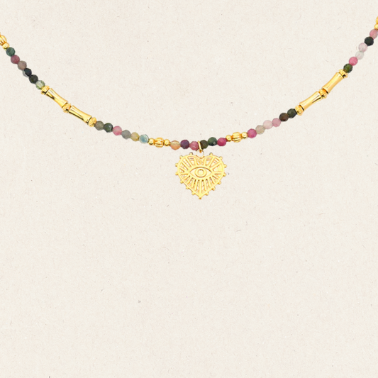 Rainbow Tourmaline Beaded Heart Necklace
