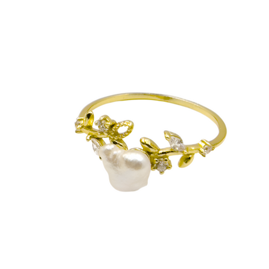 Baroque Pearl Leaf Adjustable Ring